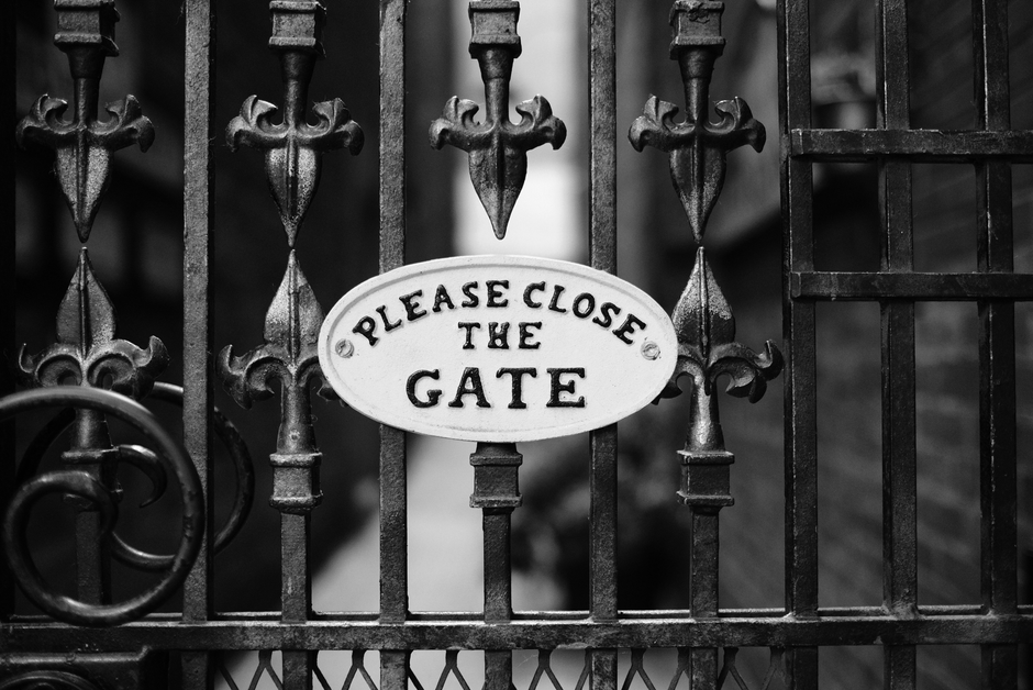 Close-up of a vintage iron gate in black and white.